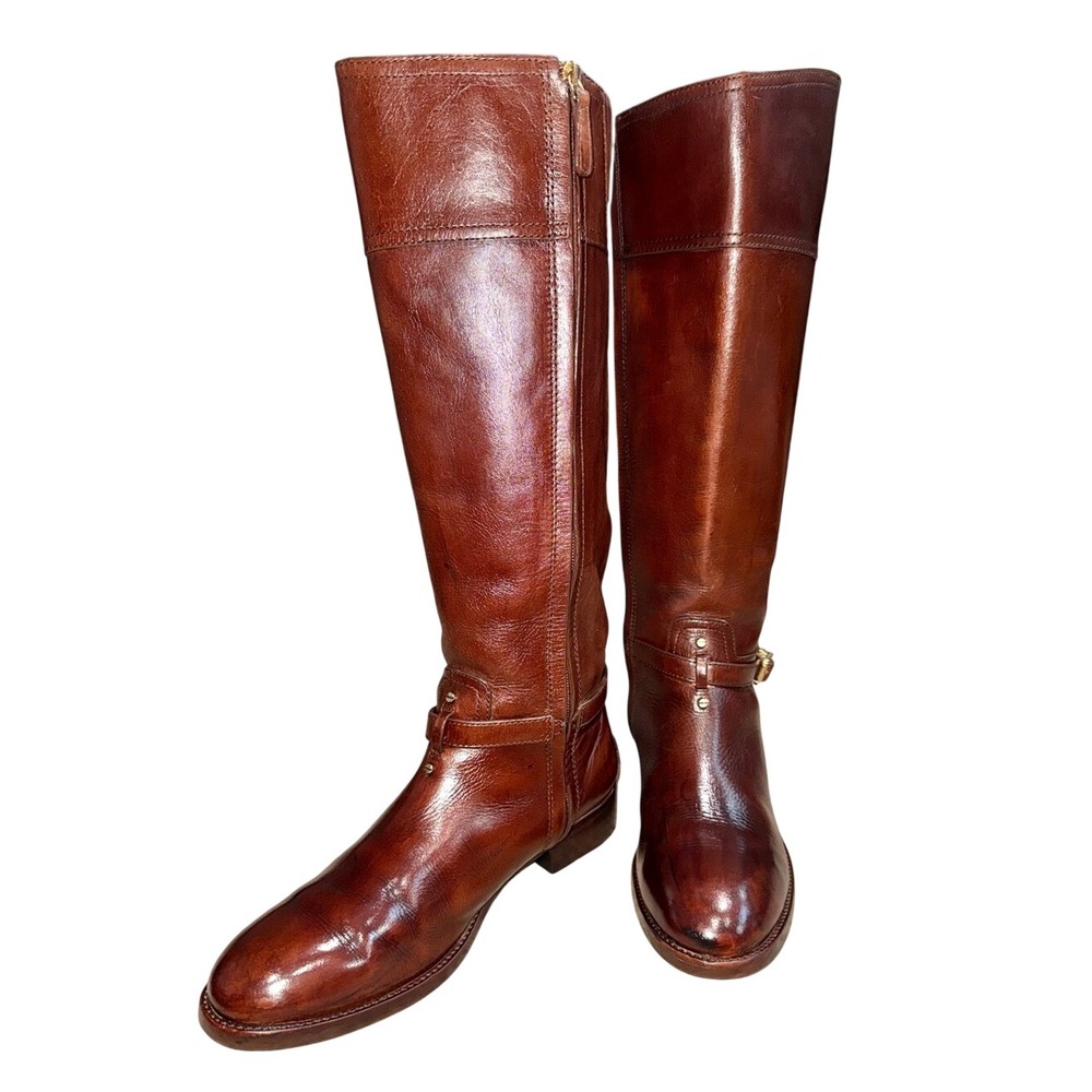 TORY BURCH Brown Leather Tall Riding Equestrian Boots Gold Hardware | Sz 10.5M - Picture 1 of 13
